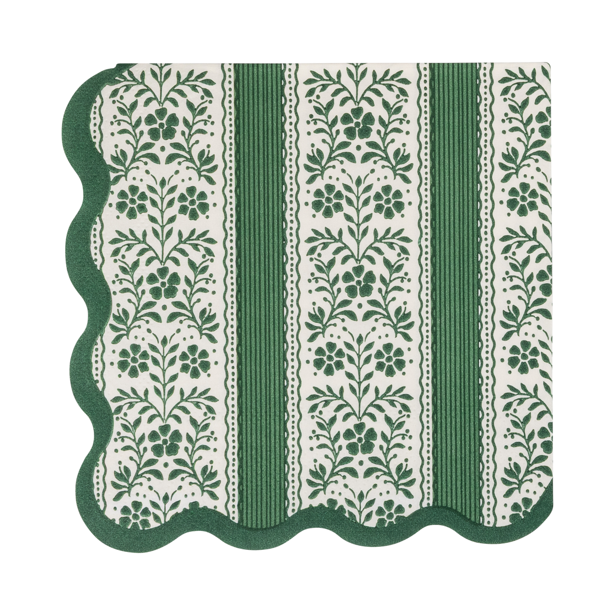 Folded green and cream floral stripe paper cocktail napkin with a wavy green edge on a white background
