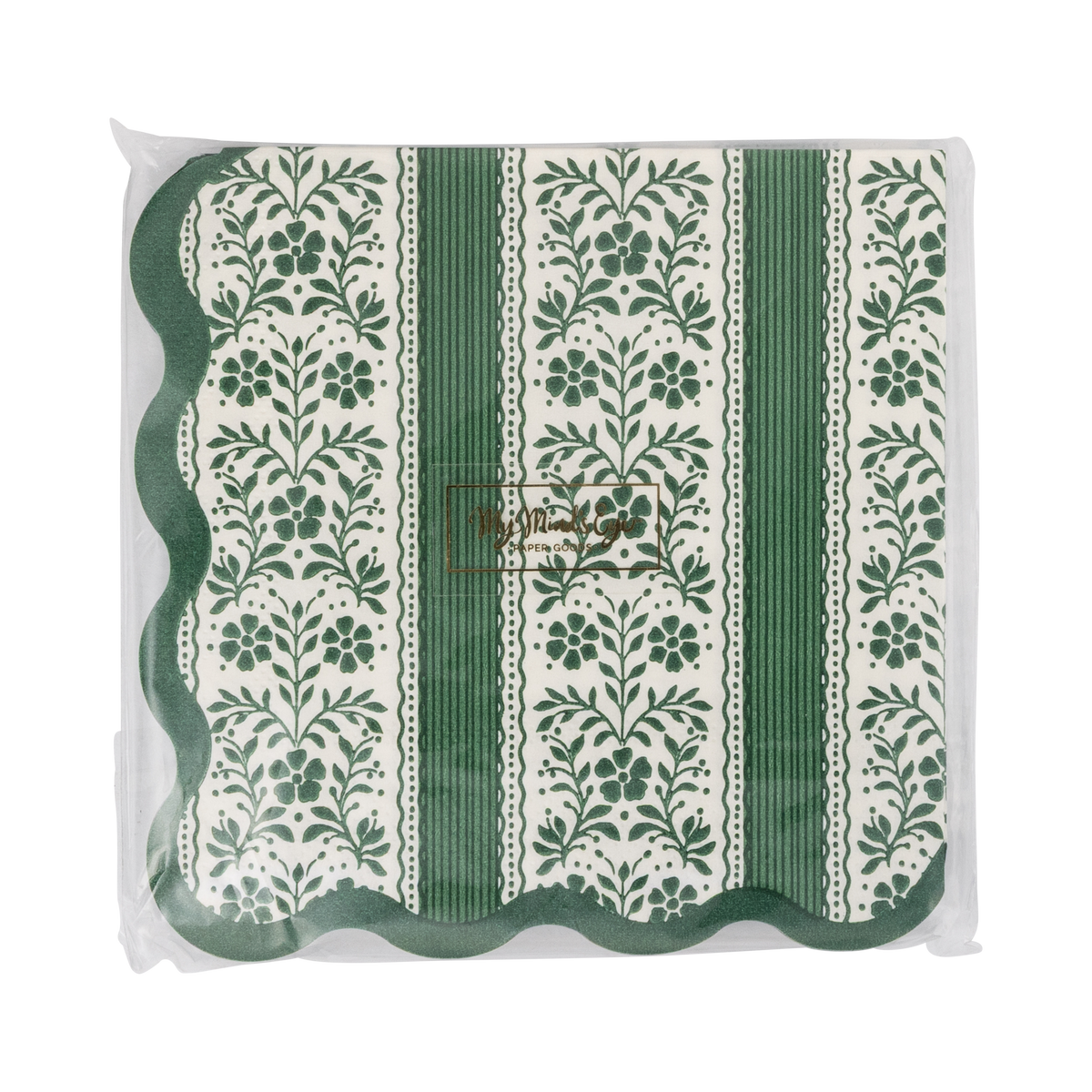 Pack of 24 green floral stripe paper cocktail napkins in clear packaging, front view