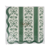 Pack of 24 green floral stripe paper cocktail napkins in clear packaging, front view
