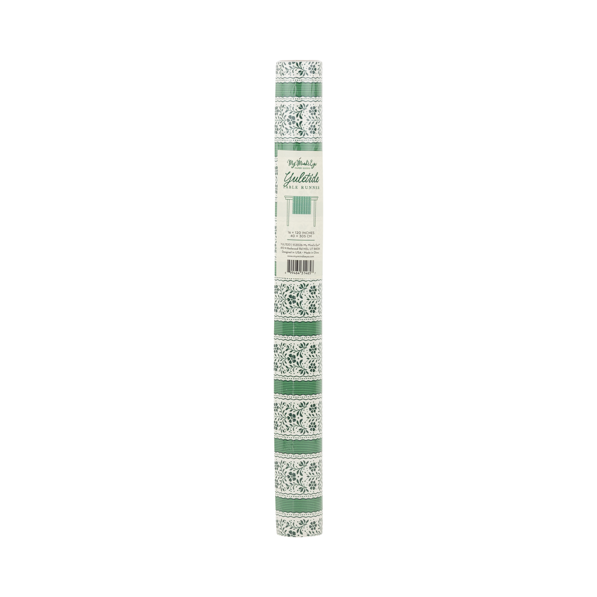 Rolled 16" x 120" green floral stripe paper table runner in packaging