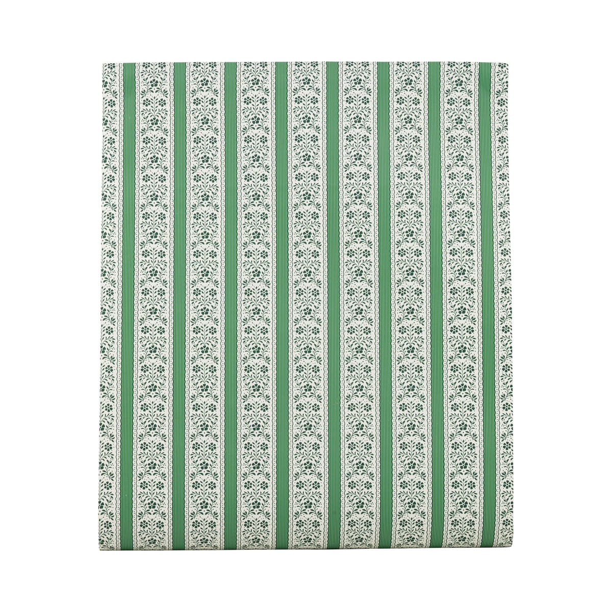 Unrolled green and cream floral stripe paper table runner on a white background