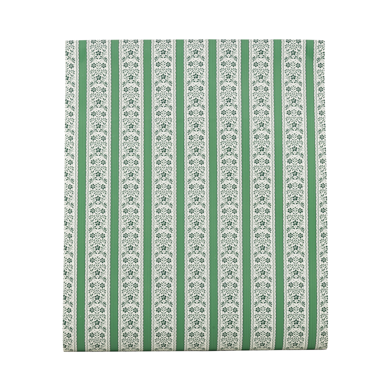 Unrolled green and cream floral stripe paper table runner on a white background