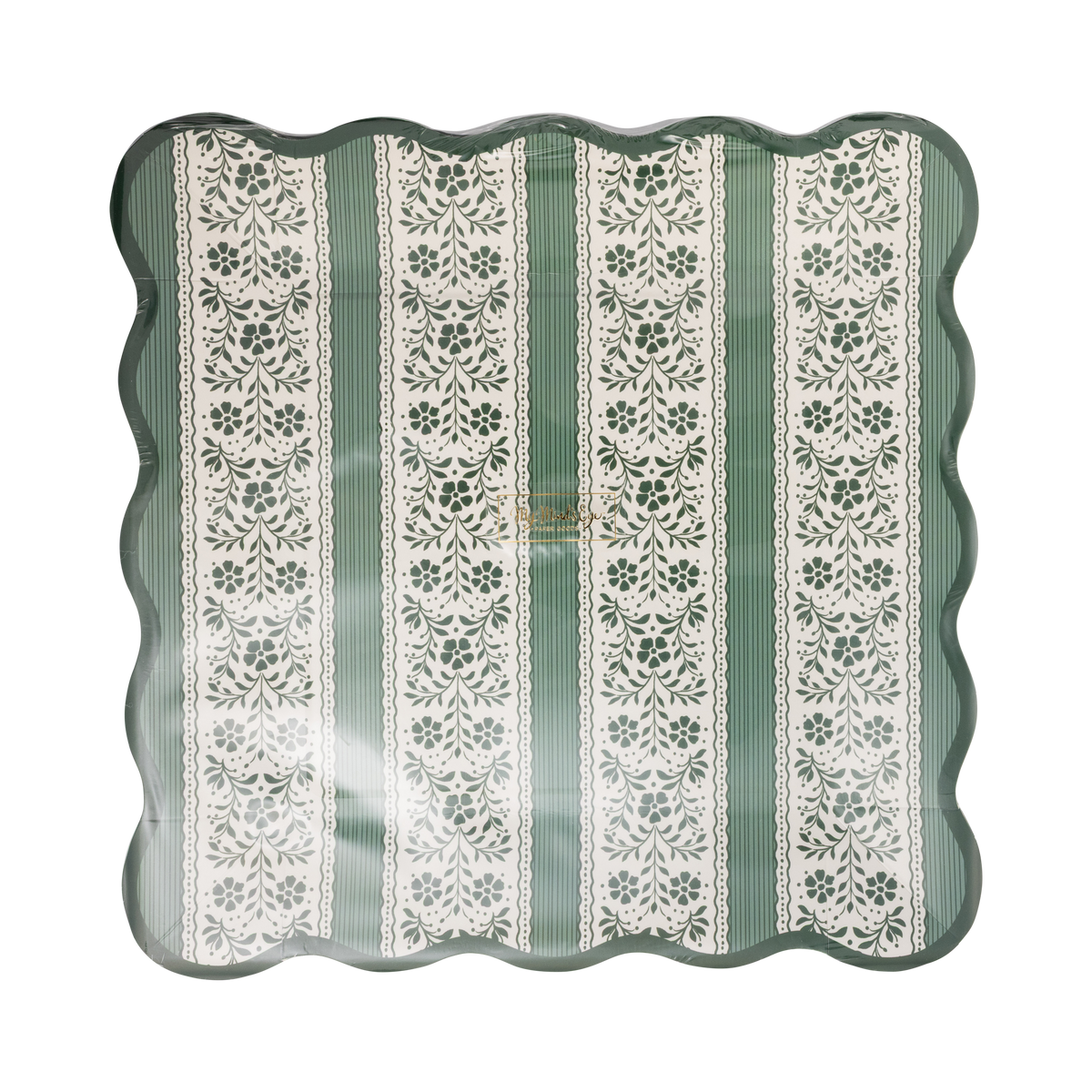 Back of a pack of 8 square scalloped paper plates in clear packaging