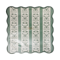 Back of a pack of 8 square scalloped paper plates in clear packaging