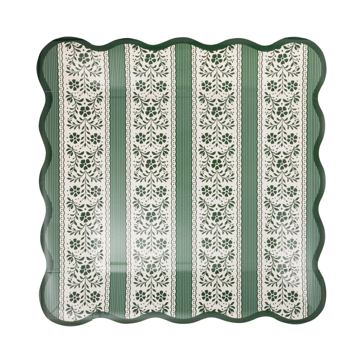 Pack of 8 green floral stripe square paper plates in clear packaging, front view