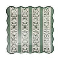 Pack of 8 green floral stripe square paper plates in clear packaging, front view