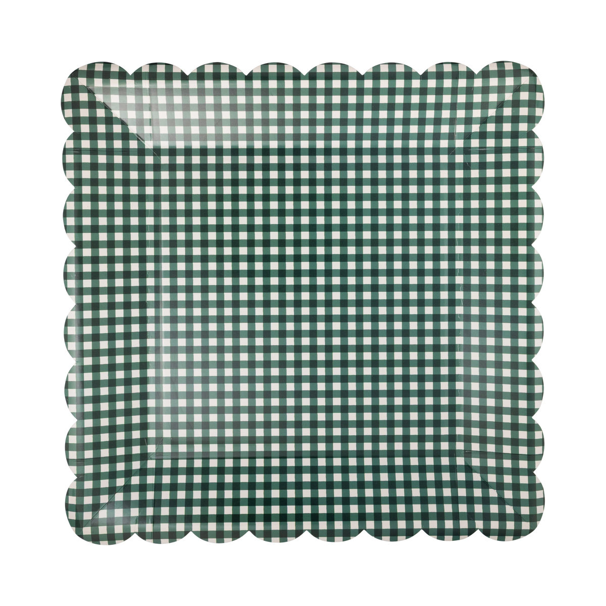 Green gingham scalloped dinner plate shown flat.