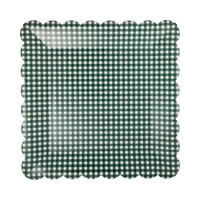 Green gingham scalloped dinner plate shown flat.