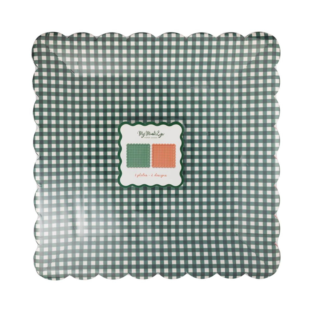 Green gingham dinner plate with the product packaging label.