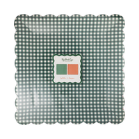 Green gingham dinner plate with the product packaging label.