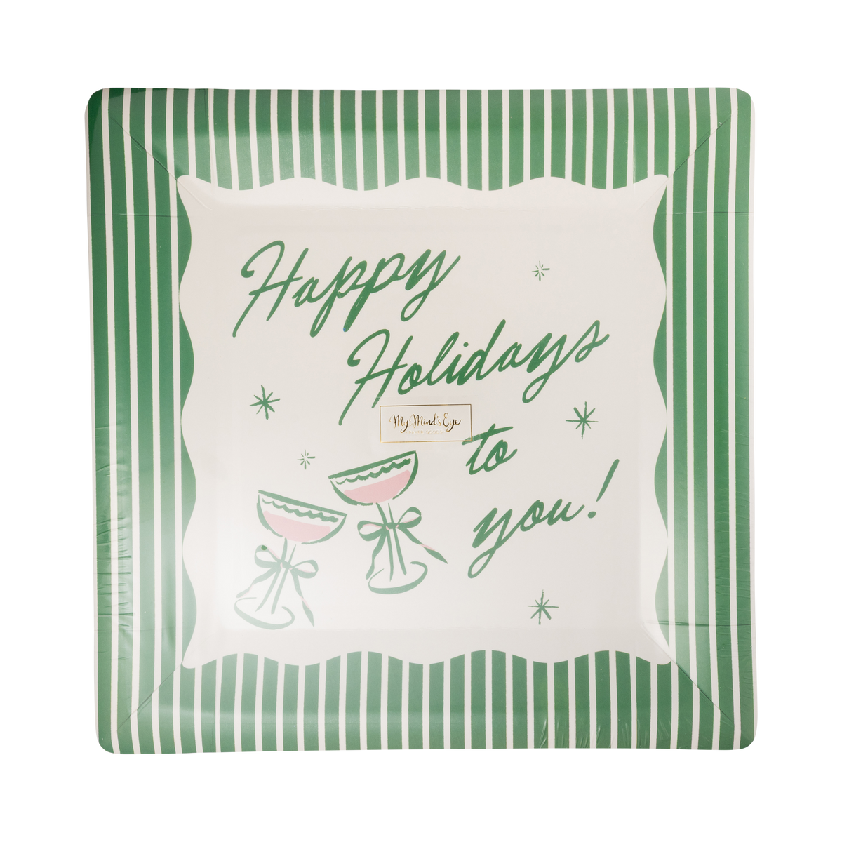 Green square Happy Holidays paper plate with striped edges and Happy Holidays lettering
