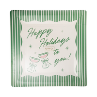 Green square Happy Holidays paper plate with striped edges and Happy Holidays lettering