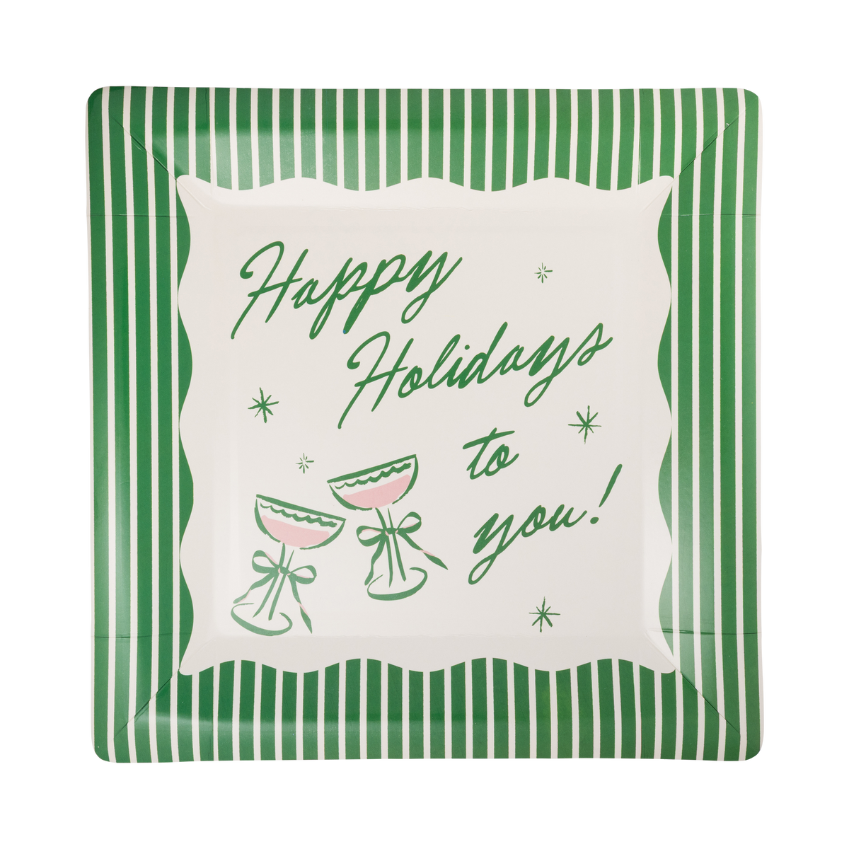 Green square Happy Holidays paper dinner plate with a cream and pink illustration