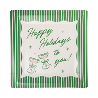 Green square Happy Holidays paper dinner plate with a cream and pink illustration