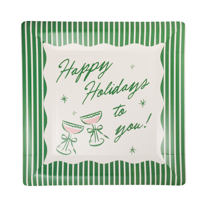 Green square Happy Holidays paper dinner plate with a cream and pink illustration