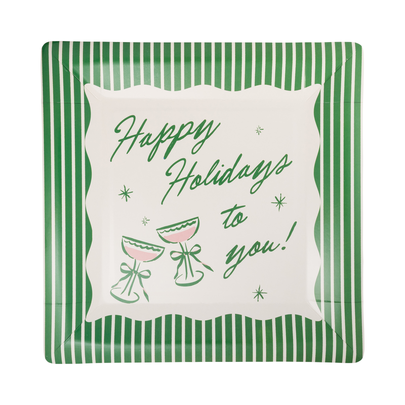 Green square Happy Holidays paper dinner plate with a cream and pink illustration