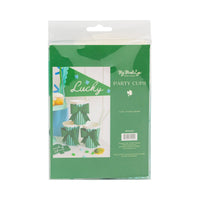 Back of packaging showing green and mint bow cups used for St. Patrick’s Day drinks.