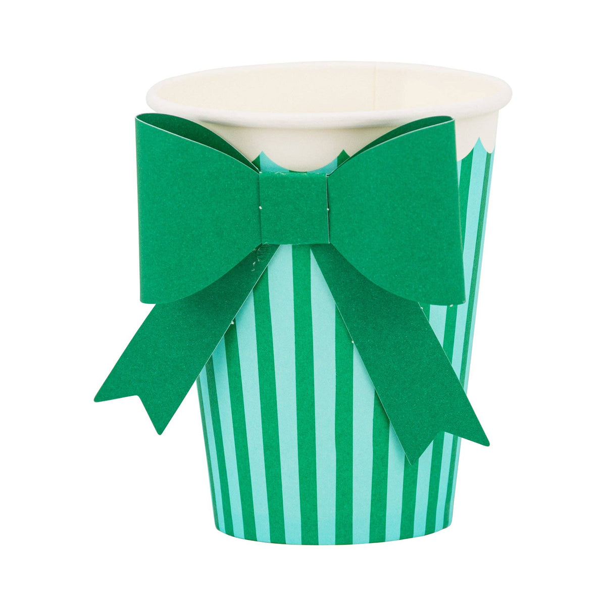 Green and mint striped party cup with layered paper bow detail for St. Patrick’s Day celebrations.