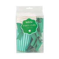 Packaged green and mint bow party cups with adhesive paper bows included.