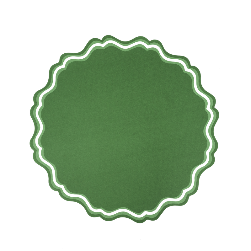 Round green scalloped paper placemat with a white double-scallop edge on a plain background.