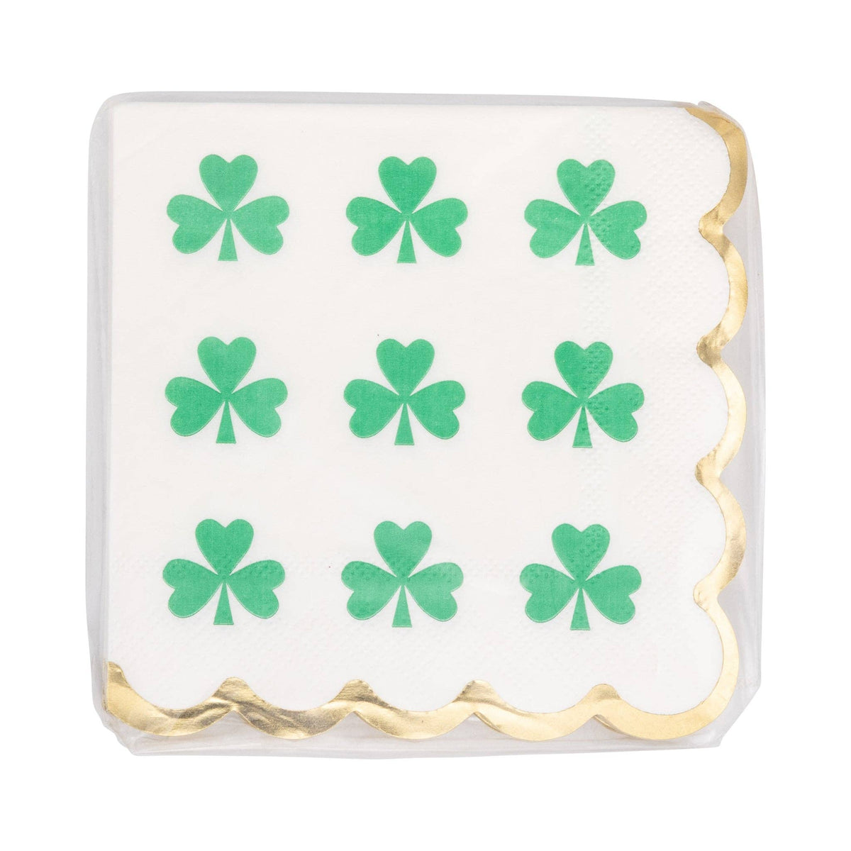 Stack of green and white shamrock cocktail napkins wrapped in clear packaging