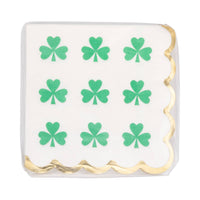 Stack of green and white shamrock cocktail napkins wrapped in clear packaging
