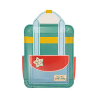 Green striped backpack shaped plate front view.