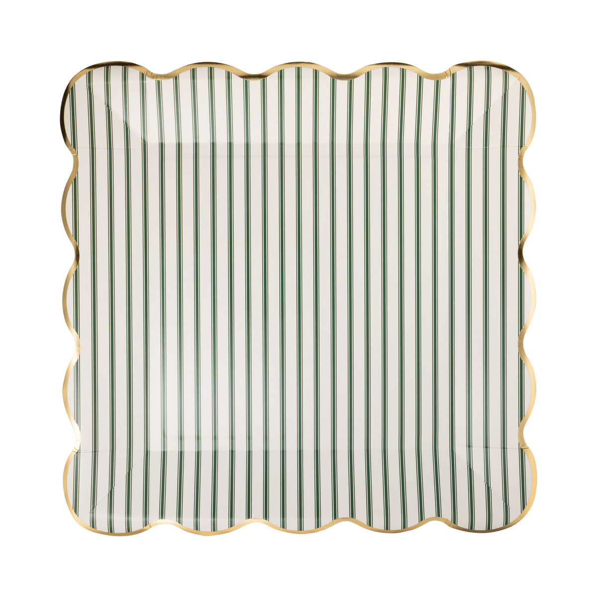 Square cream paper plate with fine green ticking stripes and a gold foil wavy scalloped edge