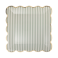 Square cream paper plate with fine green ticking stripes and a gold foil wavy scalloped edge