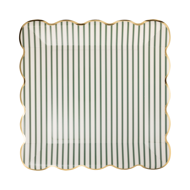Square cream paper plate with fine green ticking stripes and a gold foil wavy scalloped edge