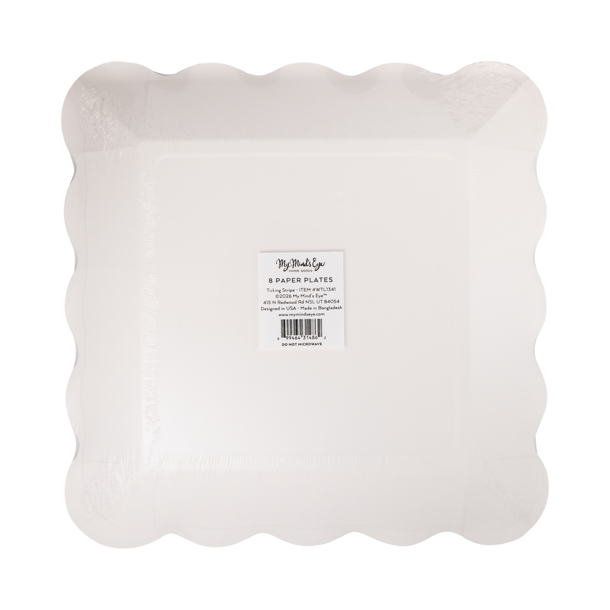 Back of a pack of 8 square scalloped paper plates in clear packaging