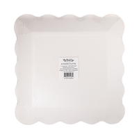 Back of a pack of 8 square scalloped paper plates in clear packaging