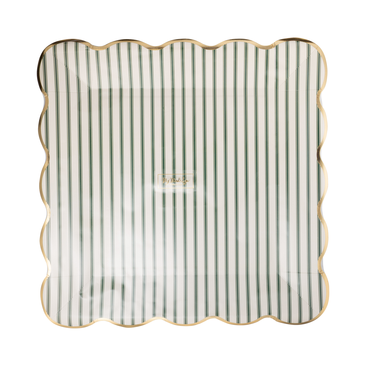 Pack of 8 green ticking stripe square paper plates with gold foil wavy edges in clear packaging