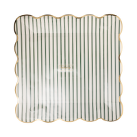 Pack of 8 green ticking stripe square paper plates with gold foil wavy edges in clear packaging