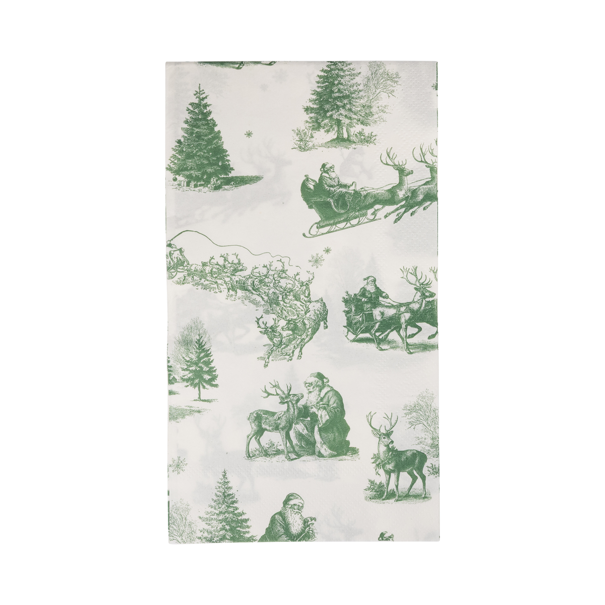 Cream paper dinner napkin with a green toile print of Santa's sleigh, reindeer, Santa feeding a deer, and fir trees