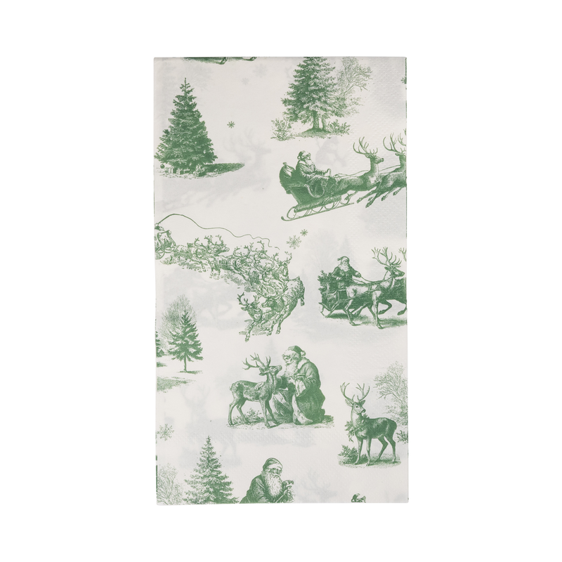 Cream paper dinner napkin with a green toile print of Santa's sleigh, reindeer, Santa feeding a deer, and fir trees