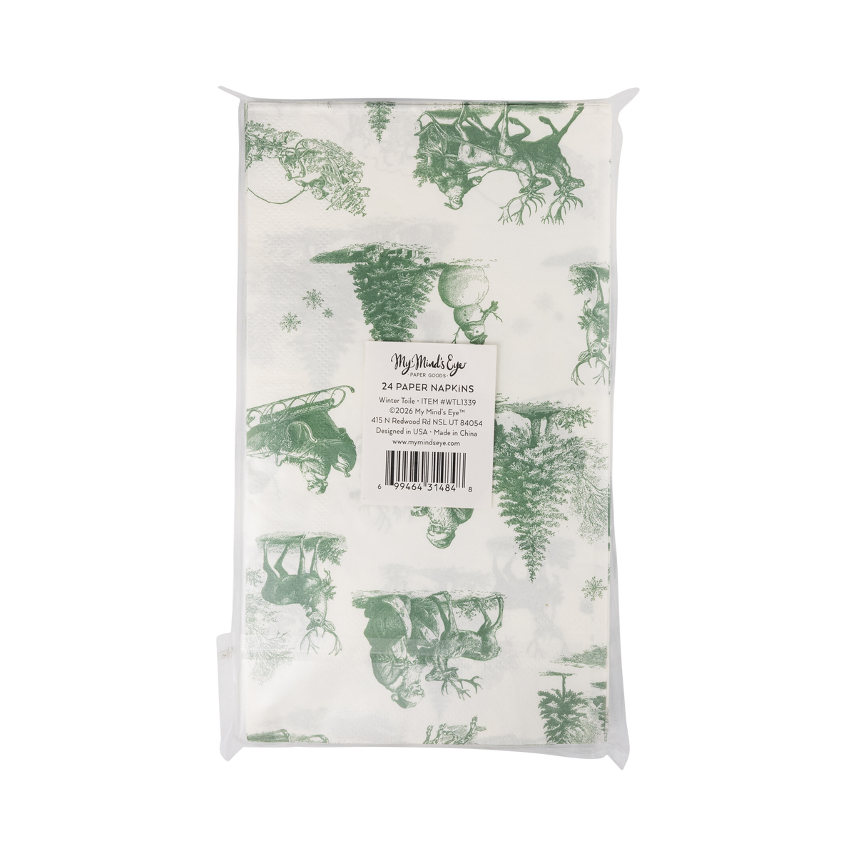 Back of a pack of 24 green toile Santa paper dinner napkins in clear packaging