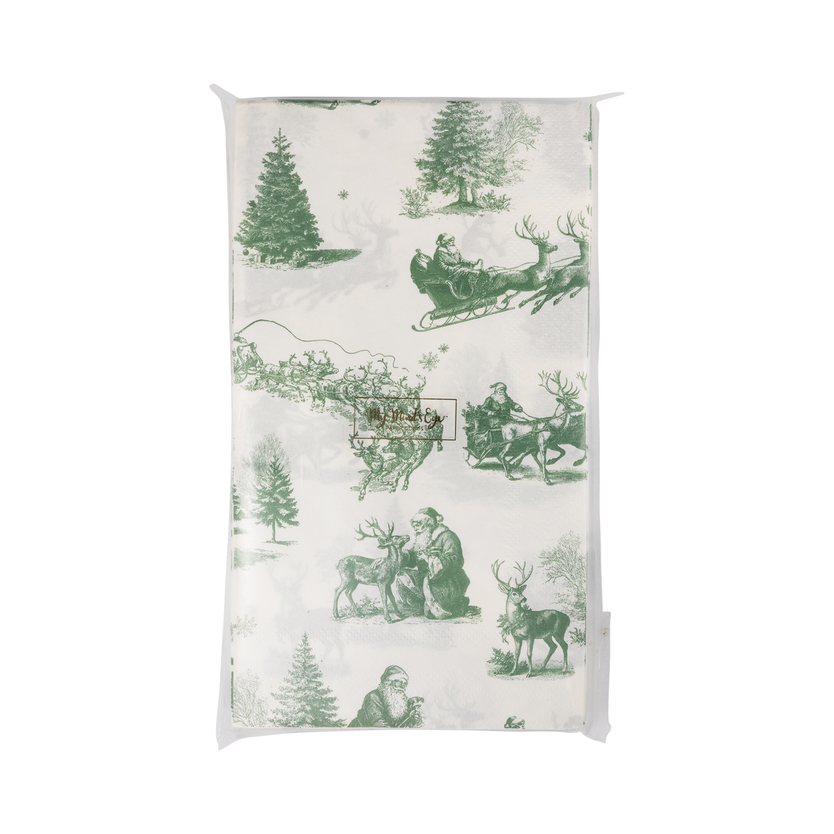 Pack of 24 cream paper dinner napkins with a green toile print of Santa's sleigh, reindeer, and fir trees, front view