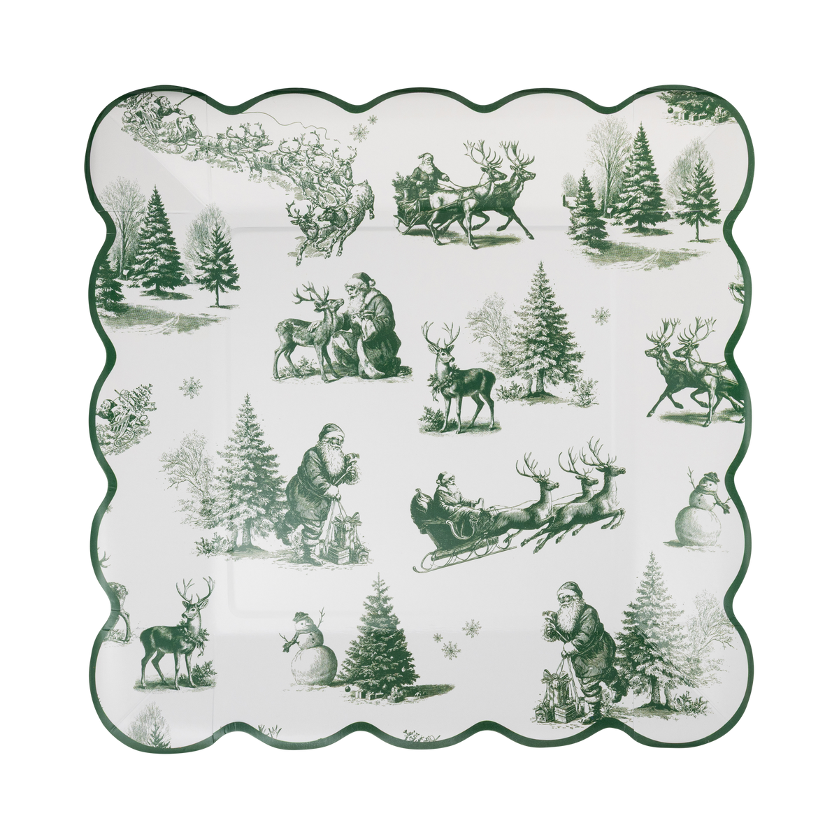 Square cream paper plate with a green toile print of Santa's sleigh, reindeer, snowmen, and fir trees and a green wavy scalloped edge