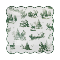 Square cream paper plate with a green toile print of Santa's sleigh, reindeer, snowmen, and fir trees and a green wavy scalloped edge