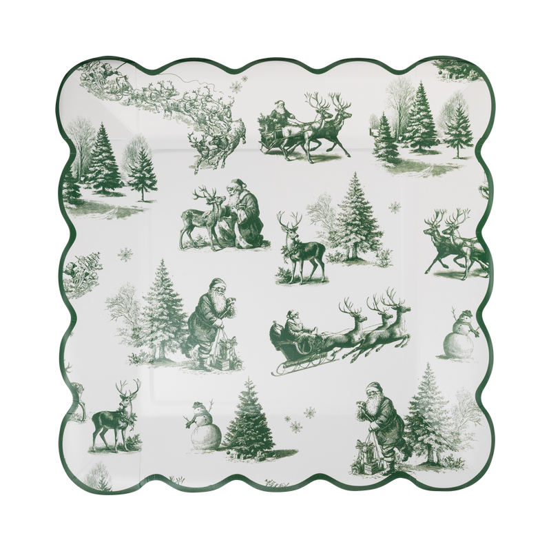 Square cream paper plate with a green toile print of Santa's sleigh, reindeer, snowmen, and fir trees and a green wavy scalloped edge