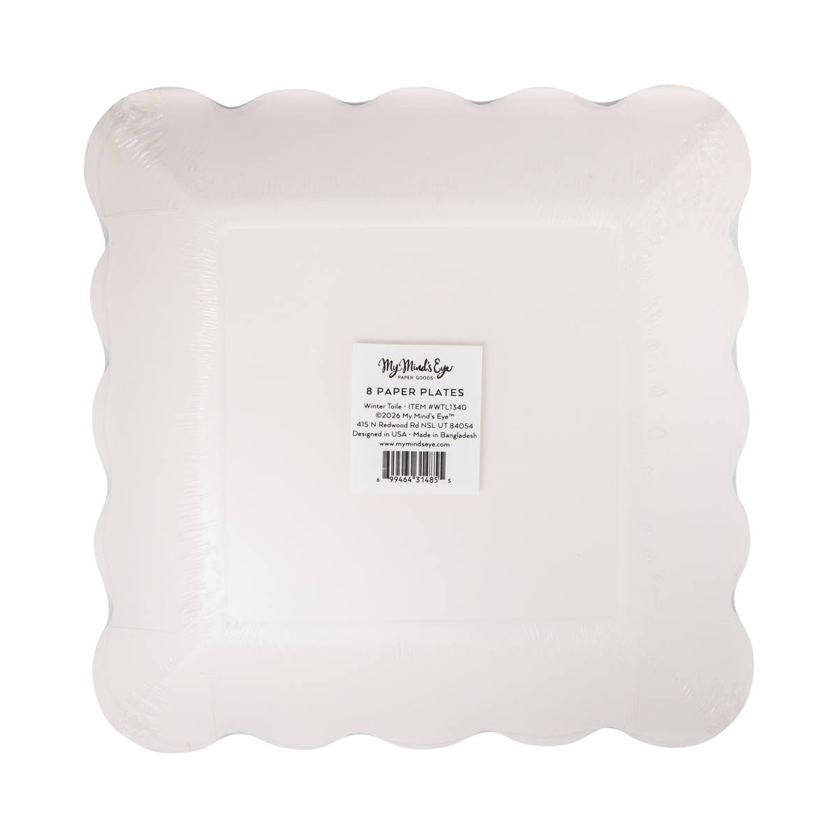 Back of a pack of 8 square scalloped paper plates in clear packaging