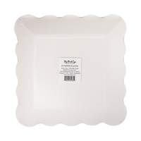 Back of a pack of 8 square scalloped paper plates in clear packaging