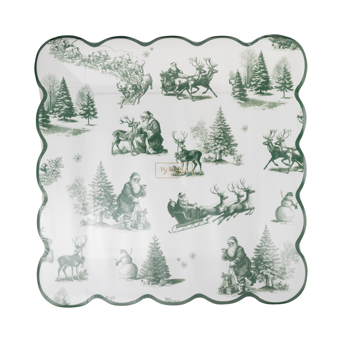 Pack of 8 green toile Santa square paper plates in clear packaging, front view