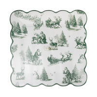 Pack of 8 green toile Santa square paper plates in clear packaging, front view