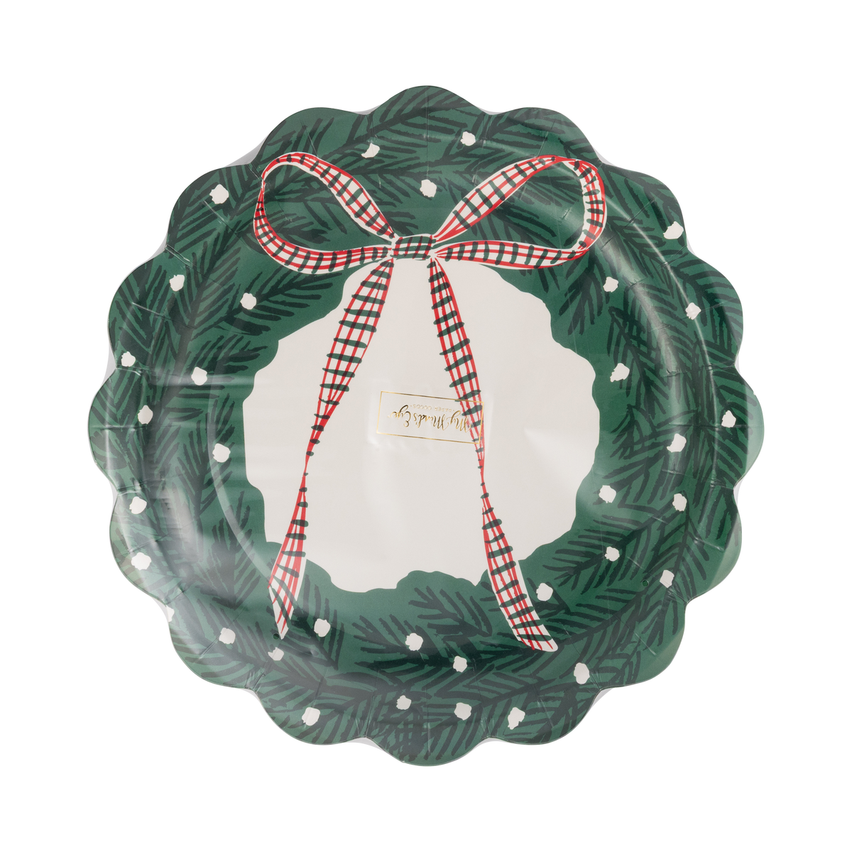 Green wreath-shaped plate shown flat, showing the wreath design and gingham bow.
