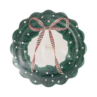 Green wreath-shaped plate shown flat, showing the wreath design and gingham bow.