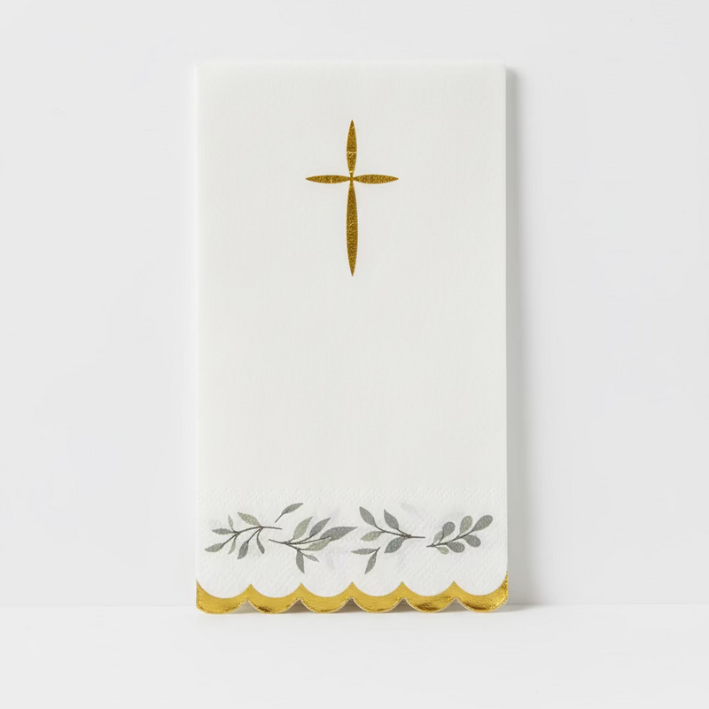 greenery baptism napkin with gold trim and cross detail
