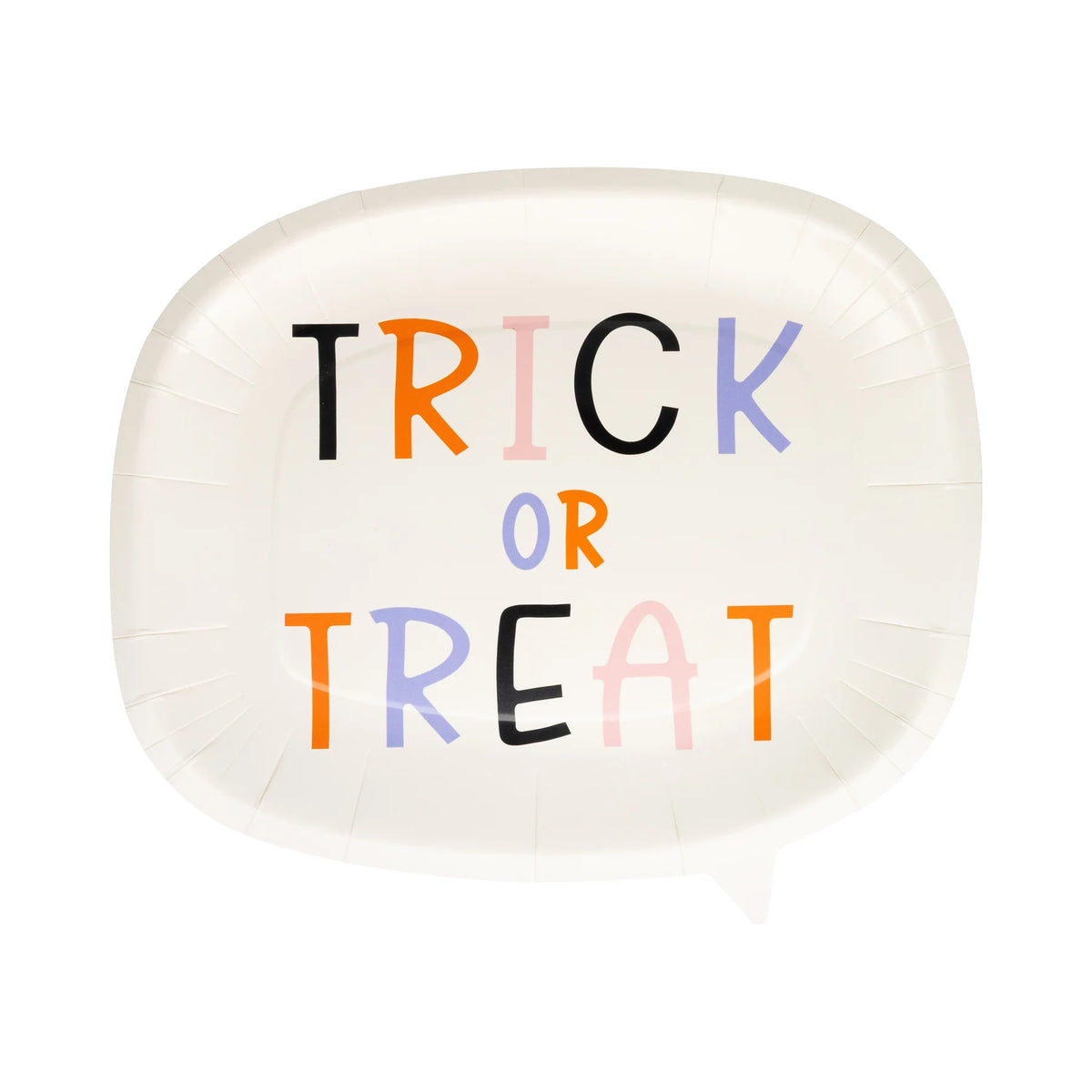 White paper plate with 'TRICK OR TREAT' text in colorful letters on a white background