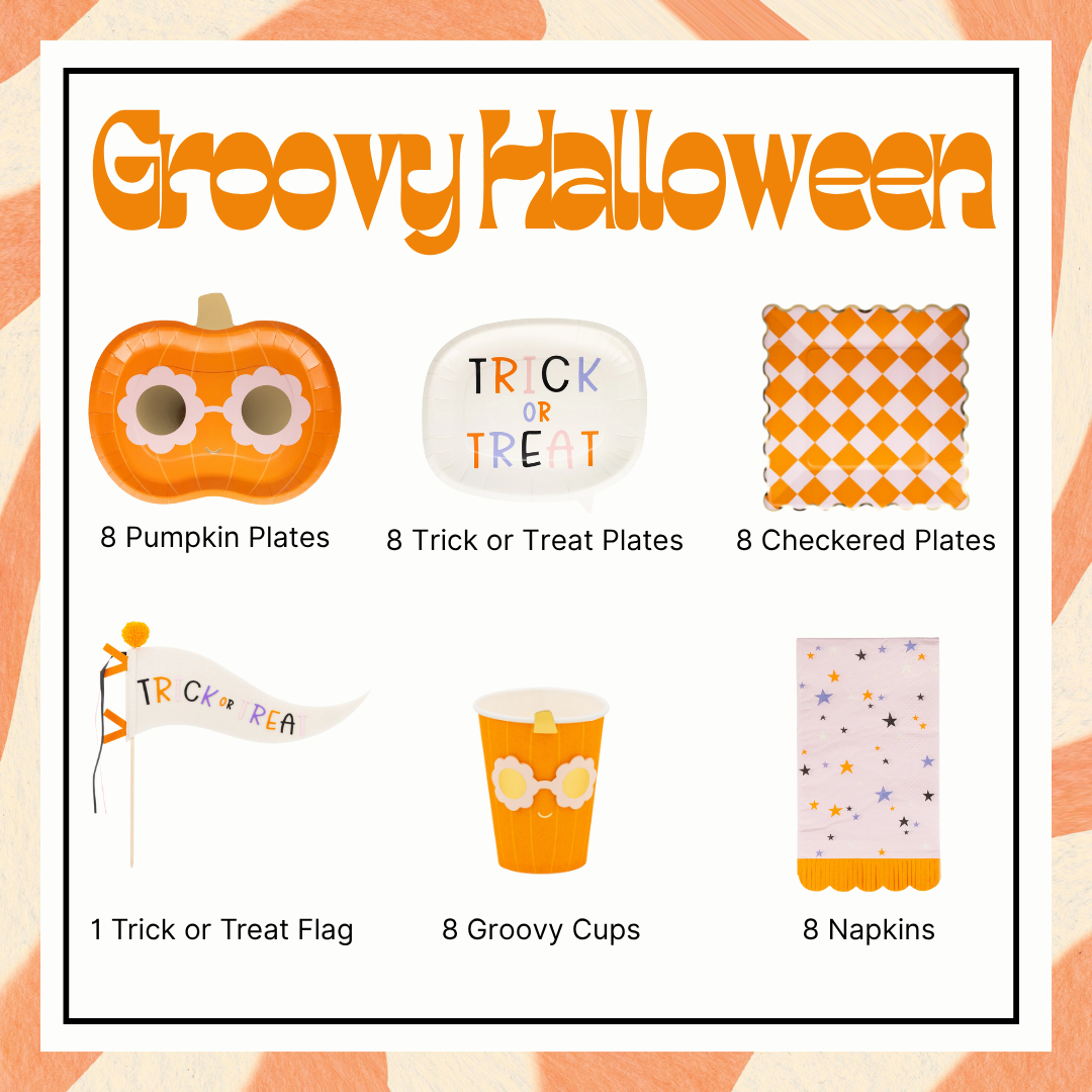 Collage showing complete groovy Halloween party kit: pumpkin plates, trick-or-treat word-bubble plates, orange checkered dinner plates, felt pennant flag, groovy cups and star-fringe napkins for eight guests.